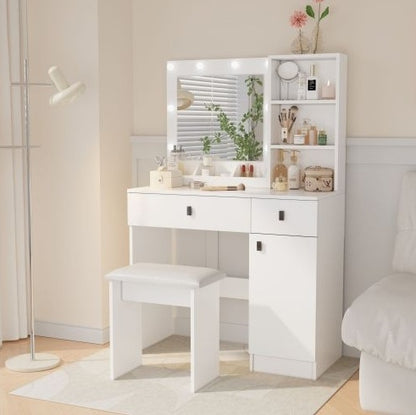 Vanity Desk With Lights, Vanity Set With Mirror, Makeup Vanity Desk With Large Drawers  Three Level Storage Dreeser, VanitysVanities With 3 Lights Brightness Adjustable For Bedroom, White