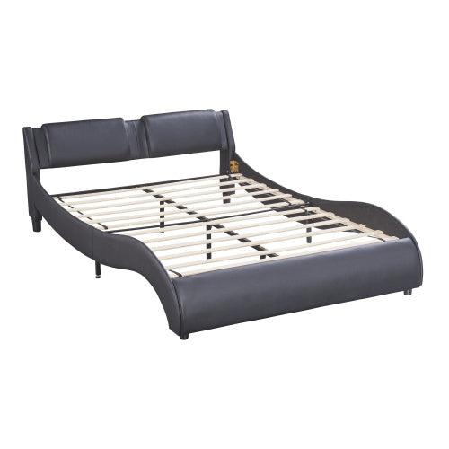 Queen Size Upholstered Faux Leather Platform Bed With LED Light Bed Frame With Slatted - Black