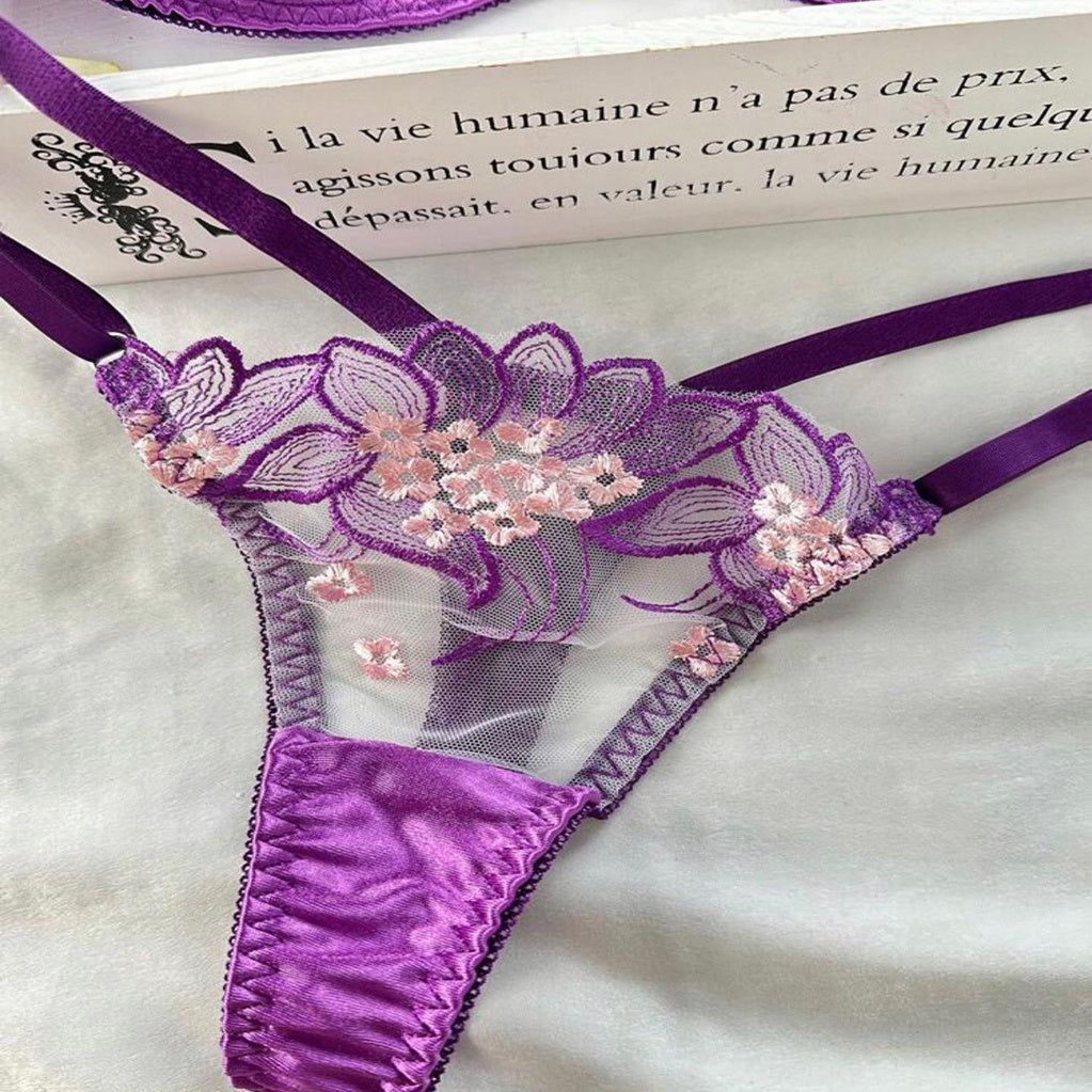 Purple Embroidered Ribbon Steel Ring Underwear Suit Women