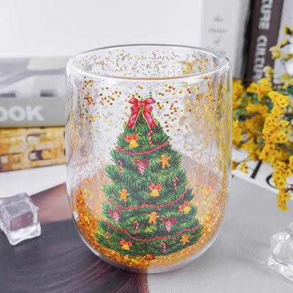 Christmas Tree Cups Heat Resistant Double Layer Flowing Sequins Christmas Cup Household Handwork Cartoon Christmas Trees Tumbler Kitchen Gadgets