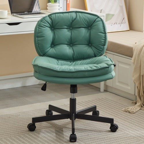 Armless Office Desk Chair With Wheels  PU Leather Cross Legged Wide Chair,Comfortable Adjustable Swivel Computer Task Chairs For Home,Office,Make Up,Small Space,Bed Room