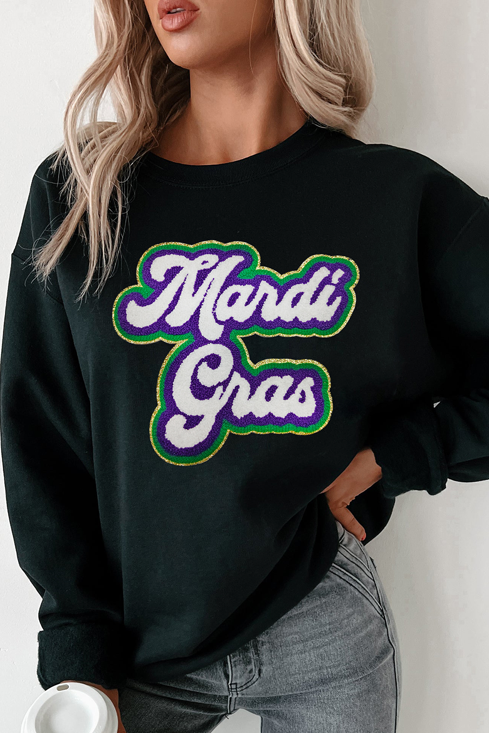 Black Mardi Gras Chenille Patched Graphic Drop Shoulder Sweatshirt