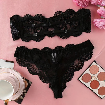 Black Floral Lace Underwear Suit