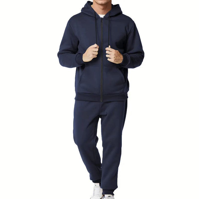 Casual Solid Color Hooded Zip Cardigan Suit