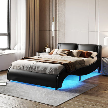 Queen Size Upholstered Faux Leather Platform Bed With LED Light Bed Frame With Slatted - Black