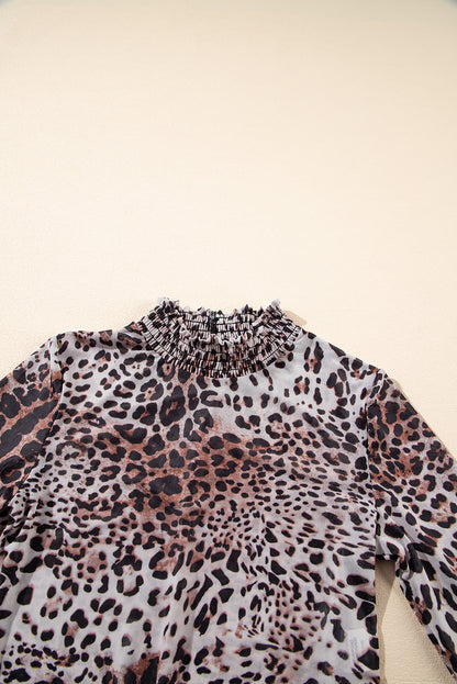 Brown Allover Leopard Print Smocked Neck Mesh Bodysuit