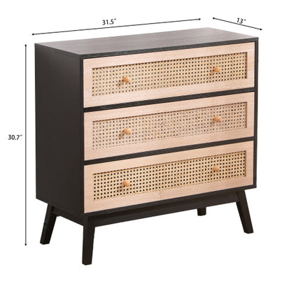 31.5 3-Drawers Rattan Storage Cabinet Rattan Drawer,for Bedroom,Living Room,Natural Drawer And Black Panel