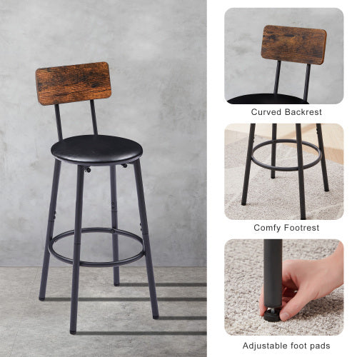 Bar Table Set With 2 Bar Stools PU Soft Seat With Backrest, Rustic Brown