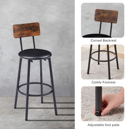 Bar Table Set With 2 Bar Stools PU Soft Seat With Backrest, Rustic Brown