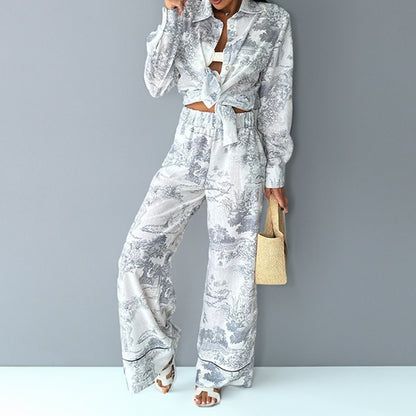 Women's Printed Shirt Long-sleeved Wide-leg Pants