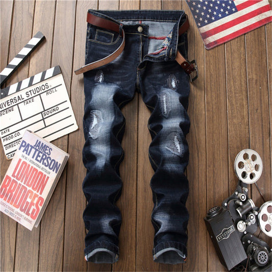 Blue With Holes Slim Fit Men's Jeans Straight Jeans