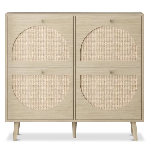 2 Rows With 4 Flip Buckets And High Legged Round Rattan Shoe Cabinet In Natural Wood Color