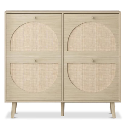 2 Rows With 4 Flip Buckets And High Legged Round Rattan Shoe Cabinet In Natural Wood Color