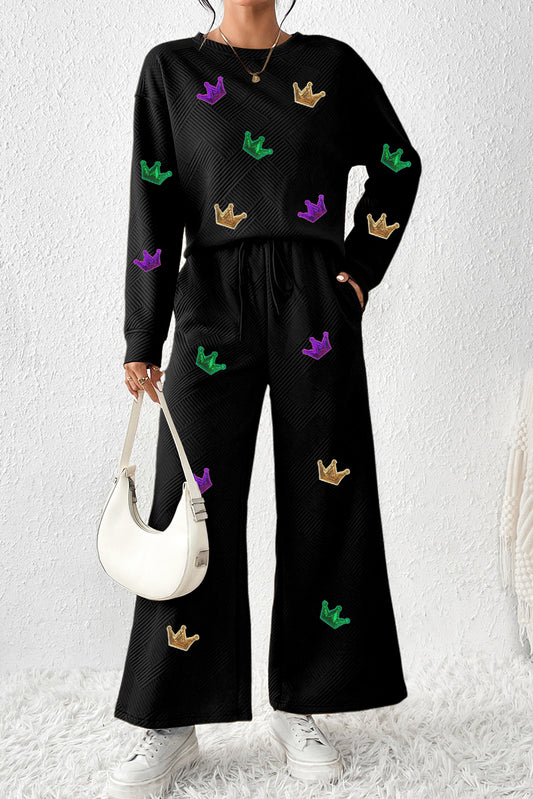 Black Textured Mardi Gras Crown Patched Long Sleeve Top and Wide Leg Pants Set