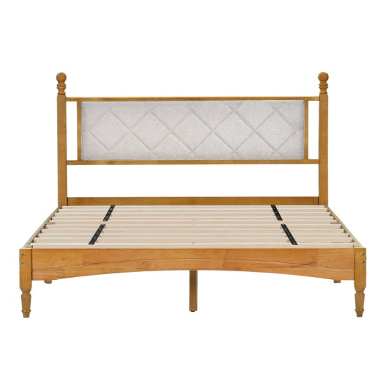 Wooden Bed Frame With Upholstered Headboard In Fabric, Solid Rubberwood With Wooden Central Support