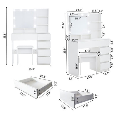 Vanity, Makeup Vanity Desk Set With Mirror  Light, Dressing Table Storage Lots With Power Strip, 3 Lighting Modes With Adjustable Brightness, 37 Inches White With Stool