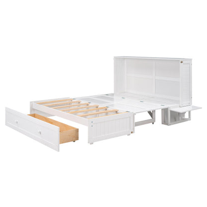 Queen Size Mobile Murphy Bed With Drawer And Little Shelves On Each Side,White