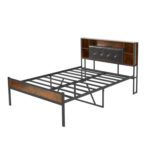 Bed Frame With Storage Headboard  USB Charging Station,Metal Platform Bed Frame Full Size No Box Spring Needed,Noise-Free,Strong Steel Slats Support,Rustic Brown