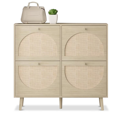 2 Rows With 4 Flip Buckets And High Legged Round Rattan Shoe Cabinet In Natural Wood Color