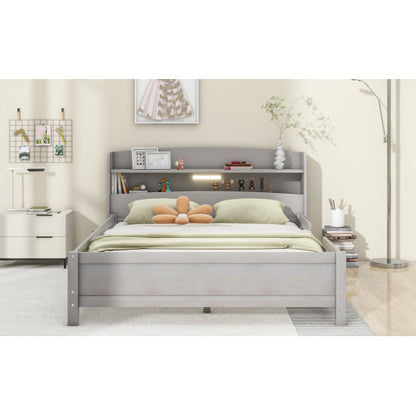 Wood Full Size Platform Bed With Built-in LED Light, Storage Headboard And Guardrail, Antique Grey