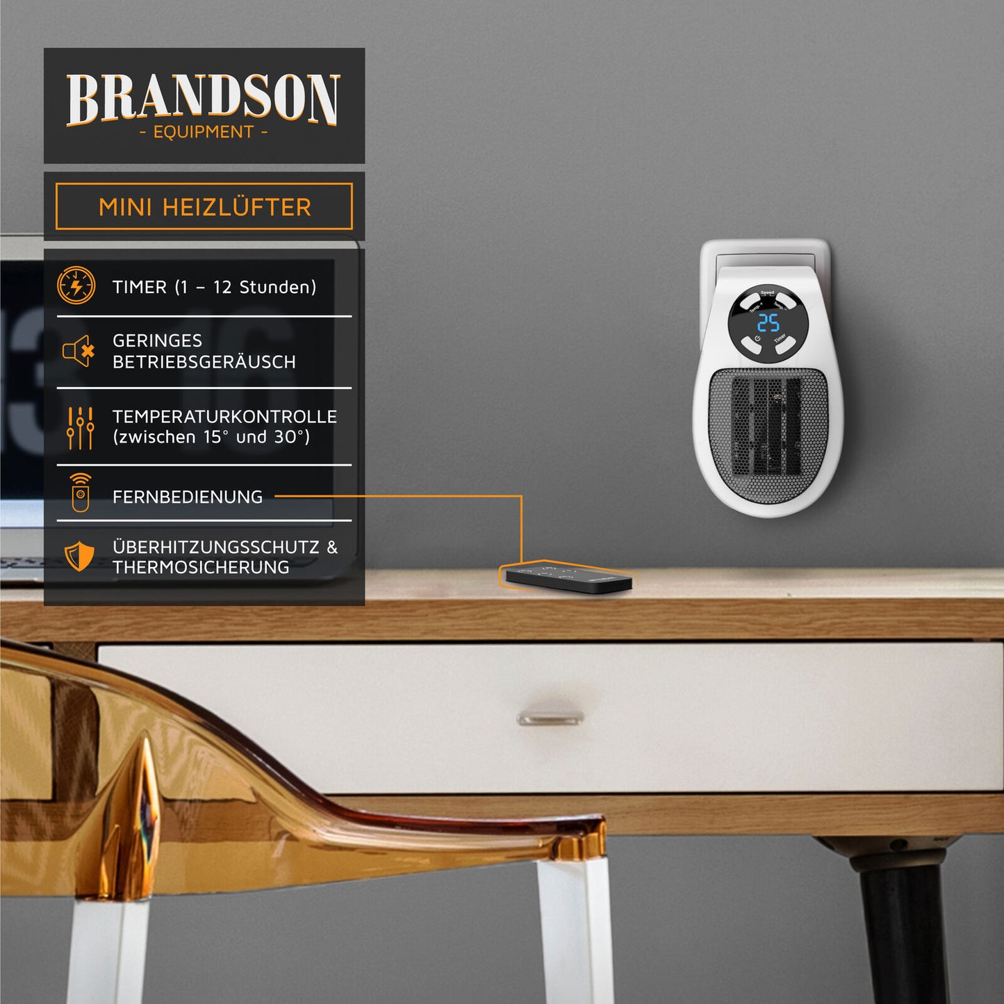 Brandson Steckdosen Heizlufter 500 W Plug-in Heater Keramik WeiB-schwarz