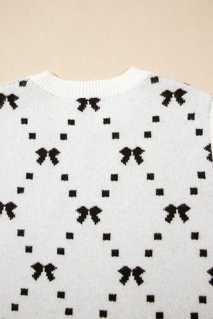 White Bow Pattern Buttoned Side Knit Top