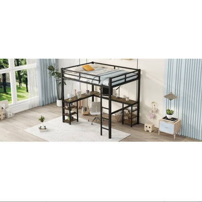 Full Metal Loft Bed With Desk And Shelves, Loft Bed With Ladder And Guardrails, Loft Bed Frame For Bedroom