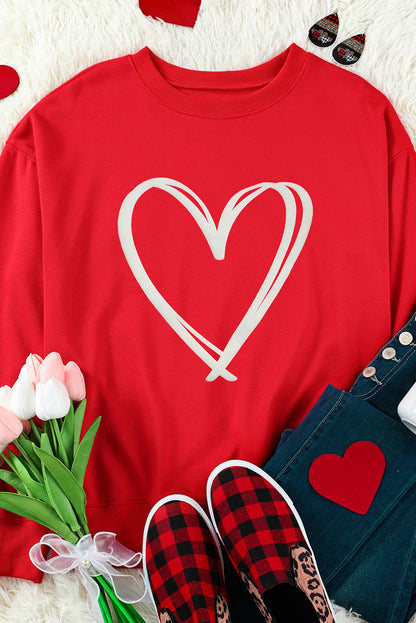 Red Double Heart Print Valentines Drop Shoulder Sweatshirt