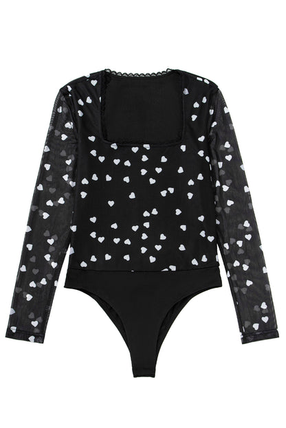 Black Heart Print Mesh Square Neck Slim Fit Bodysuit