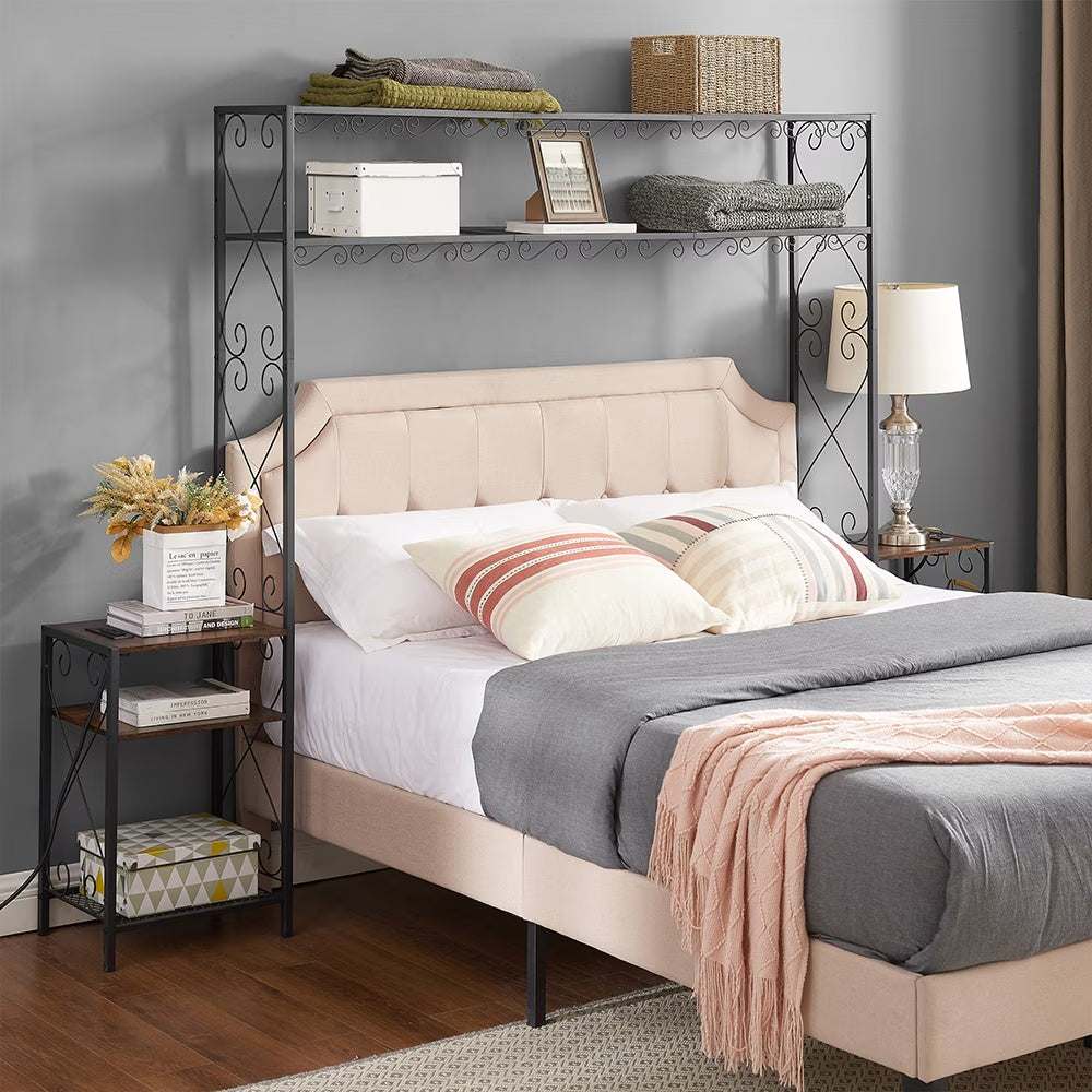 Queen Size Metal Storage Headboard,with Charging Stations,2 Nightstands And Storage Shelves,for Bedroom