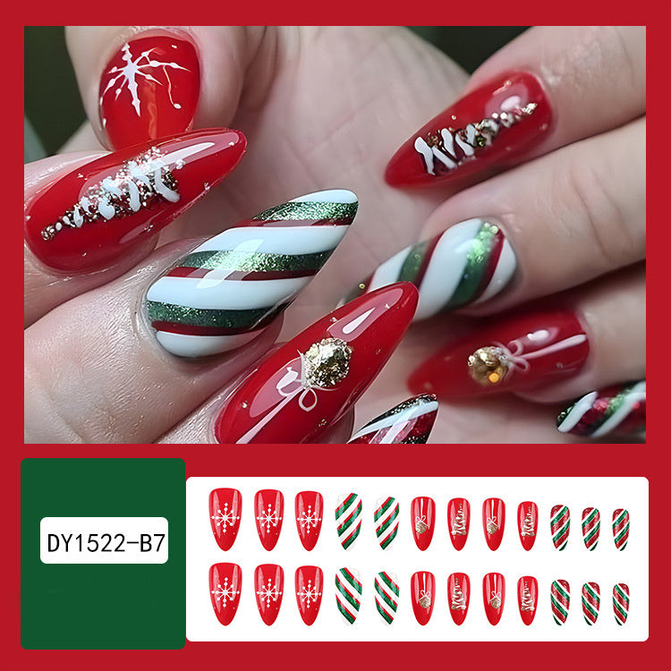 24pcs Christmas False Nails Hat Striped Snowflake Nail Art Stickers For Parties Dances Or Holiday Wear