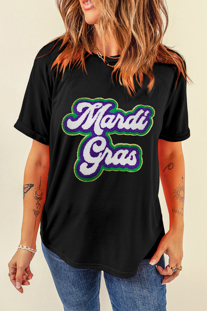 Black Mardi Gras Chenille Patched Graphic Tee