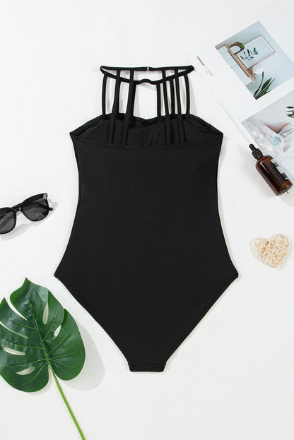 Black Strappy Halter Neck Sexy One Piece Swimsuit