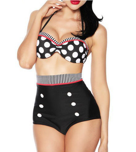 Swimsuit Retro High Waist Cover Belly Double Chest Pad Halter Bikini Polka Dot Swimsuit High Waist