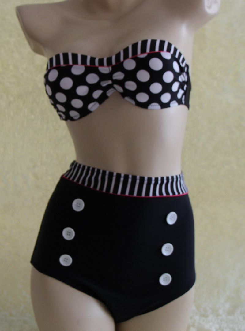 Swimsuit Retro High Waist Cover Belly Double Chest Pad Halter Bikini Polka Dot Swimsuit High Waist