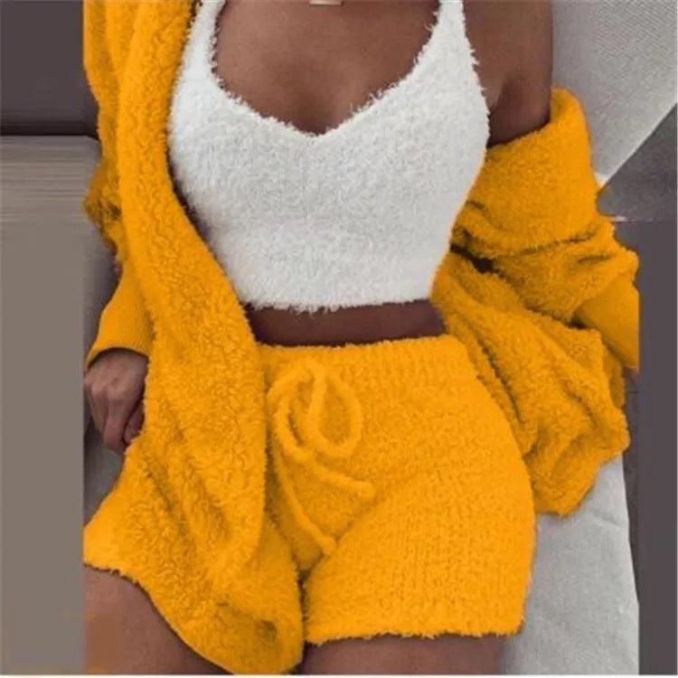 Winter Sexy Women Home Wear Suit Casual Pajamas Set Lady Female Soft Warm Long Sleeve Exposed Navel Vest Shorts Set