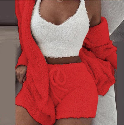 Winter Sexy Women Home Wear Suit Casual Pajamas Set Lady Female Soft Warm Long Sleeve Exposed Navel Vest Shorts Set