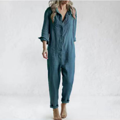 Casual Long Sleeve Jumpsuit With Pockets Fashion Loose Lapel Button Romper Pants Womens Clothing