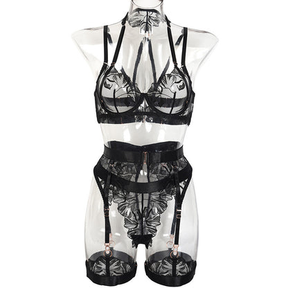 Complex Craft Halter Sheer Mesh Embroidered Underwear Suit