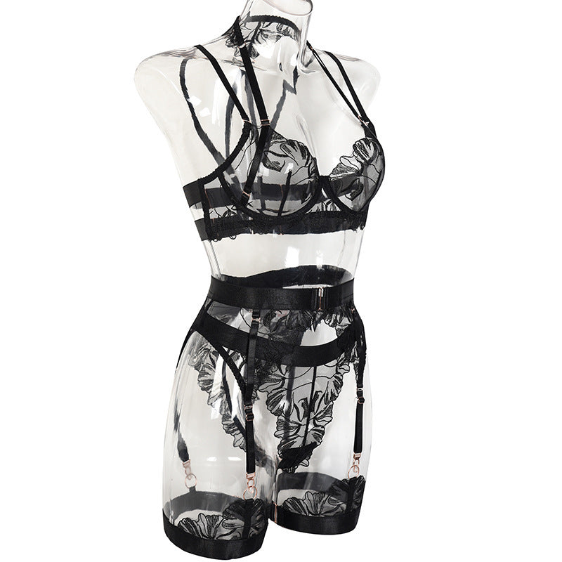 Complex Craft Halter Sheer Mesh Embroidered Underwear Suit