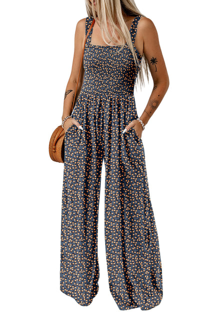 Black Floral Square Neckline Stretch High Waist Jumpsuit