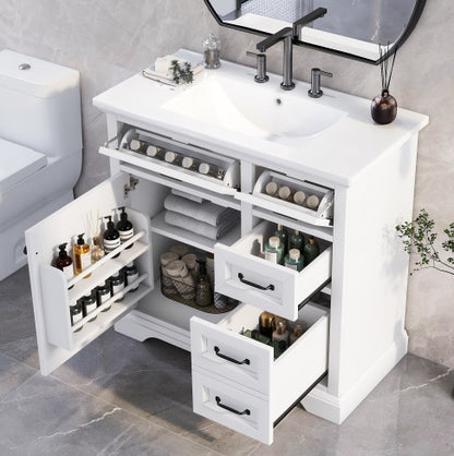 36Bathroom Vanity With Sink, Ceramic Sink, 2 Tip-out Drawers, Soft Close Door Hinges, White