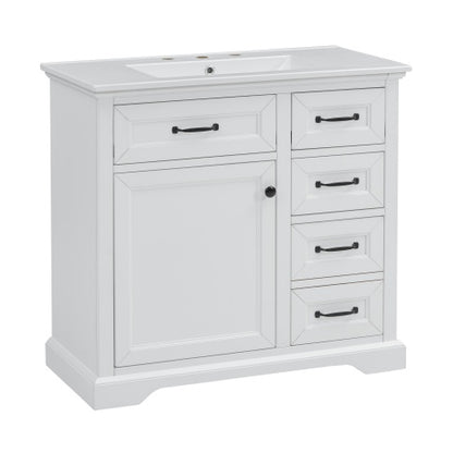 36Bathroom Vanity With Sink, Ceramic Sink, 2 Tip-out Drawers, Soft Close Door Hinges, White