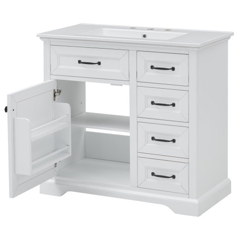 36Bathroom Vanity With Sink, Ceramic Sink, 2 Tip-out Drawers, Soft Close Door Hinges, White