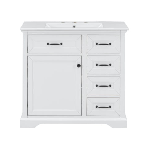 36Bathroom Vanity With Sink, Ceramic Sink, 2 Tip-out Drawers, Soft Close Door Hinges, White