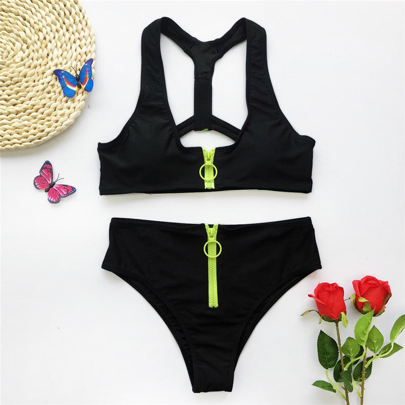 Solid color LOVE strip zipper bikini