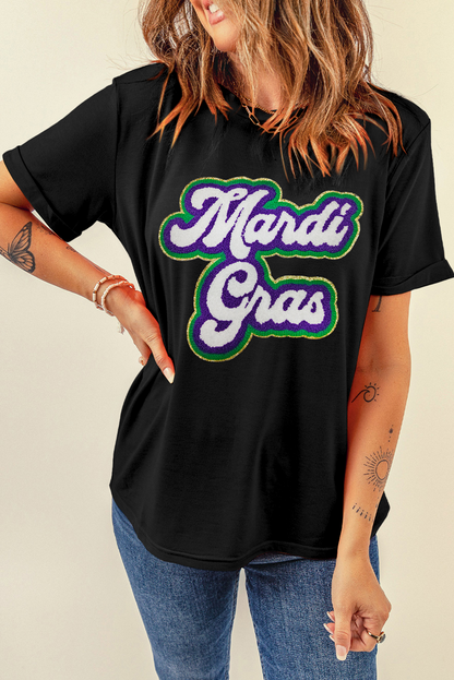 Black Mardi Gras Chenille Patched Graphic Tee