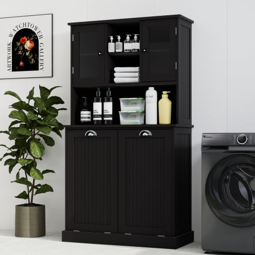 Two Compartment Inclined Dirty Laundry Basket High Bathroom Cabinet