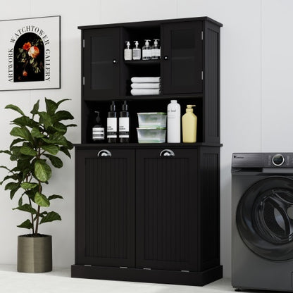 Two Compartment Inclined Dirty Laundry Basket High Bathroom Cabinet