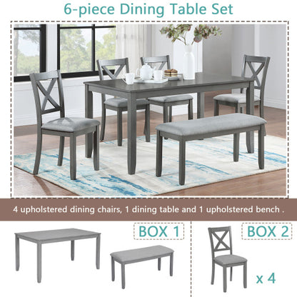 6 Piece Kitchen Dining Set, Rectangular Wooden Dining Table With 4 Upholstered Chairs And A Bench, Dining Table Set For 6 People, Living Room, Home Bar And Kitchen, Gray